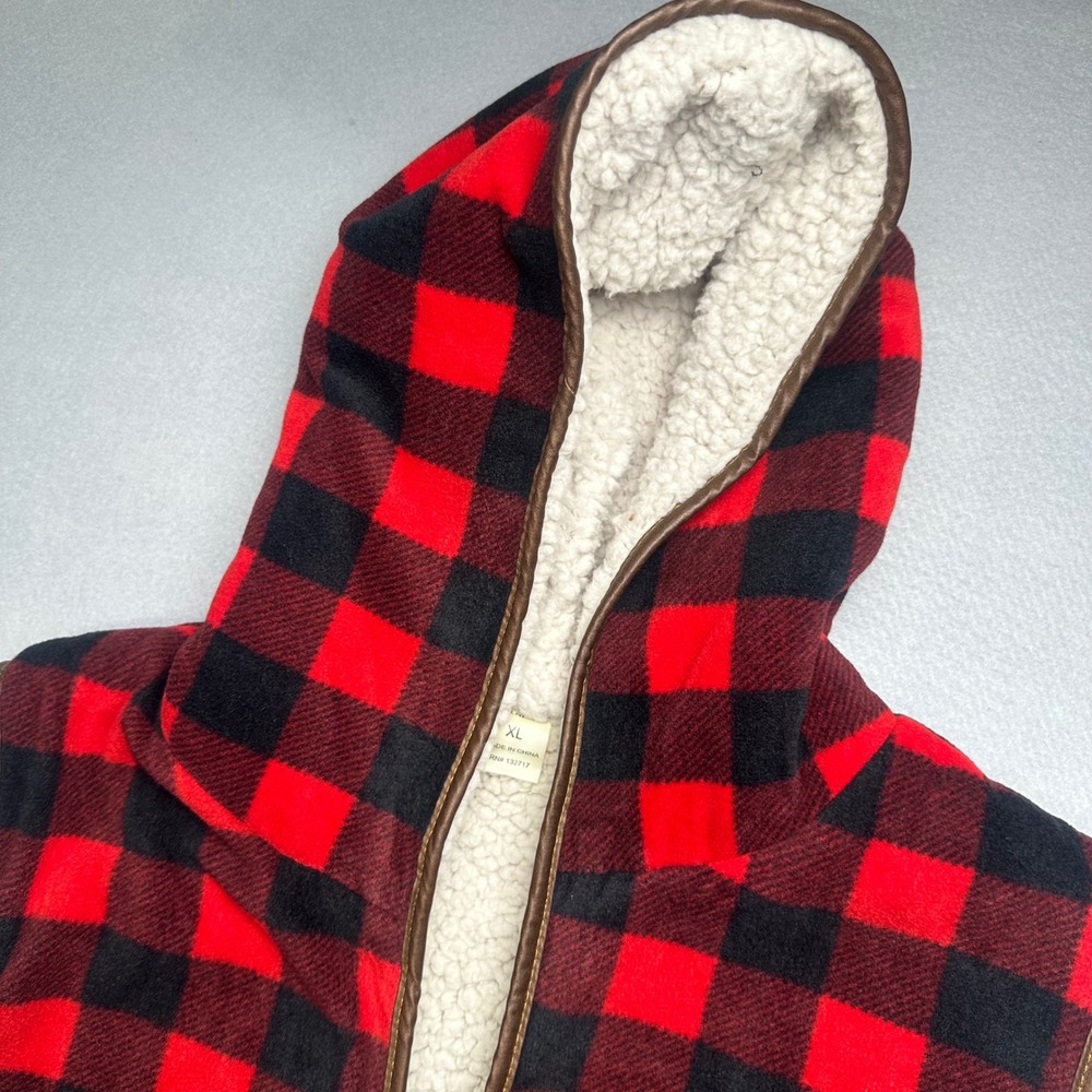 Legendary Hooded Vest Womens XL Red Black Buffalo Plaid Sherpa Lined Fleece